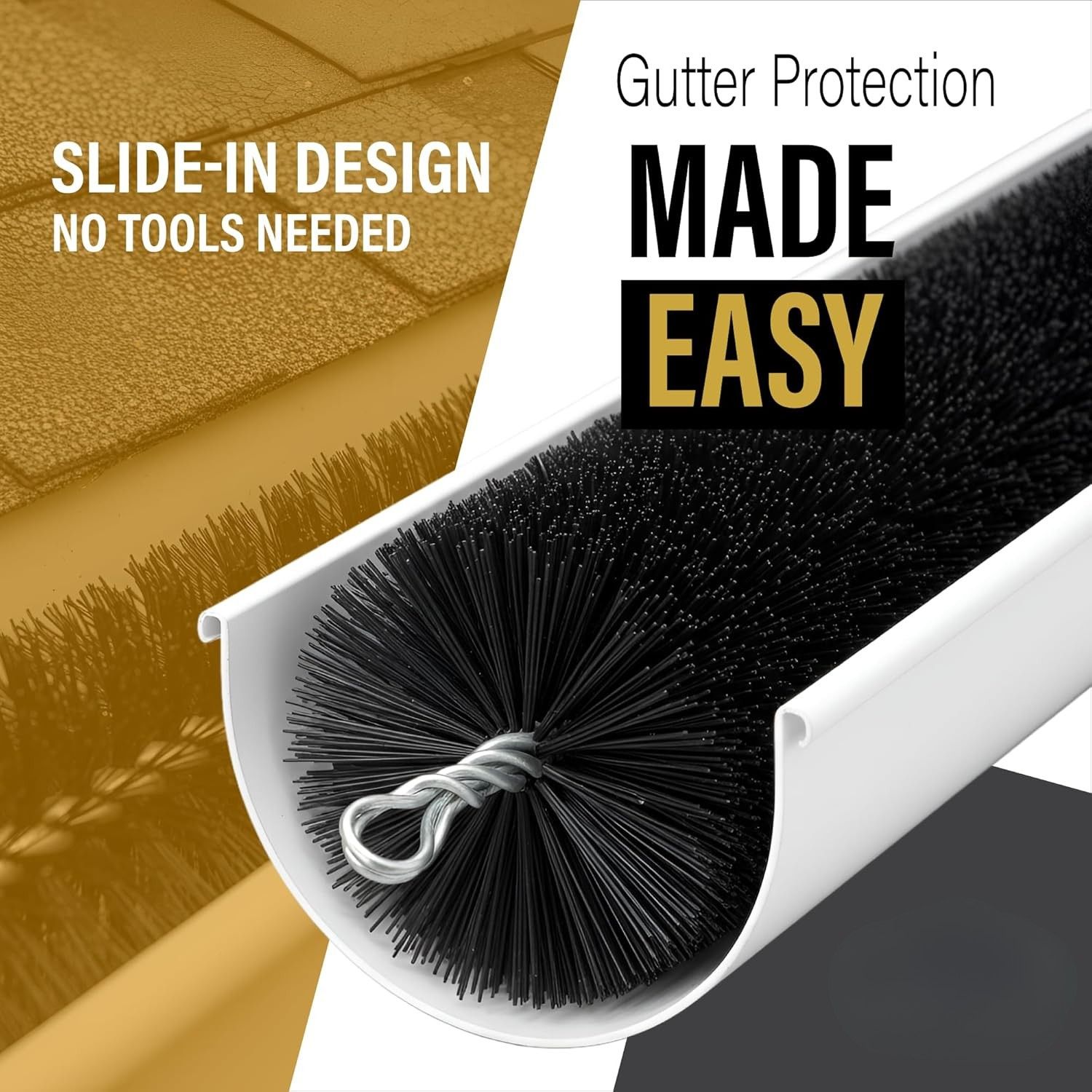 Bristle gutter brush guard sitting inside an open gutter
